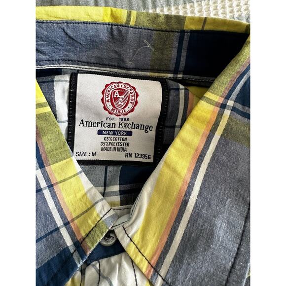 American Exchange Plaid Button Down Blue White Yellow Medium - Picture 3 of 5